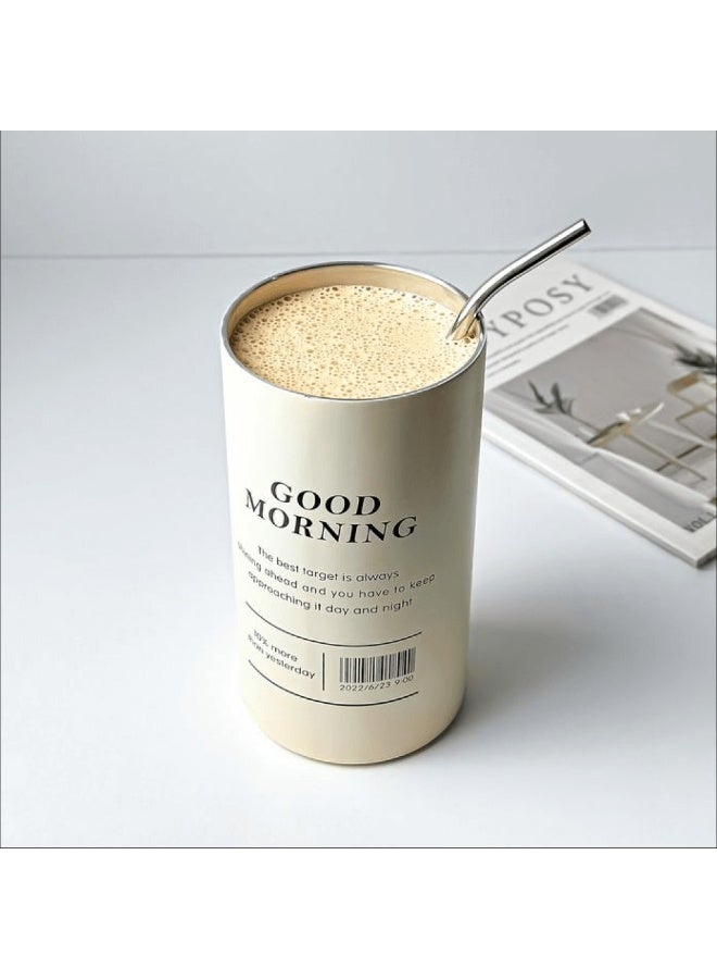 كوب قهوة محمول مزدوج الطبقات من الفولاذ المقاوم للصدأ معزول بالفراغ - 600 مل مع ماصة وغطاء بجدار مزدوج معزول للسفر والتخييم للمشروبات الباردة والساخنة -بيج - Image 2